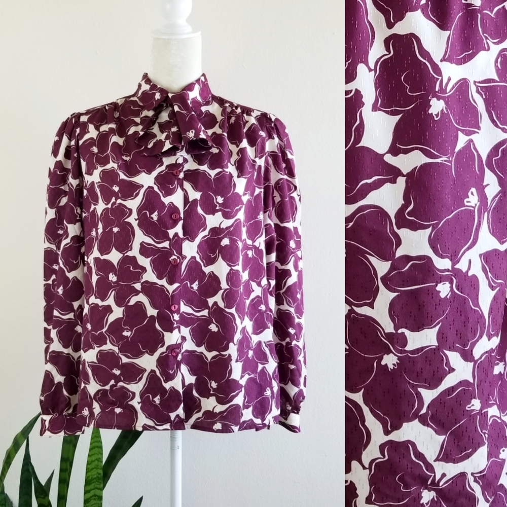VTG 80s Pykettes Floral Secretary Blouse - Picture 1 of 8